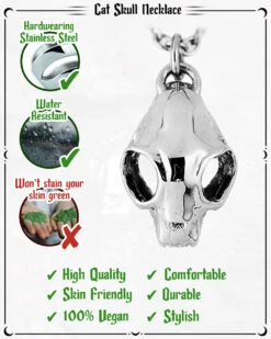 Cat Skull Necklace In Mirror Steel -Rogue & Wolf Shop CatSkullNecklace Inforgraphic 4x5 06b