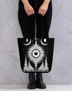 The Cosmos Awakens Tote Bag -Rogue & Wolf Shop all over print tote black 15x15 mockup 651ec6afef6c2