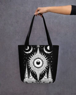 The Cosmos Awakens Tote Bag -Rogue & Wolf Shop all over print tote black 15x15 mockup 651ec6afef716