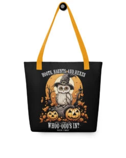 Hoots, Haunts, And Hexes Tote Bag -Rogue & Wolf Shop all over print tote yellow 15x15 front 651ec34062875