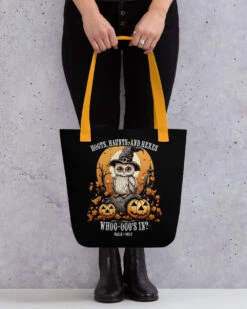 Hoots, Haunts, And Hexes Tote Bag -Rogue & Wolf Shop all over print tote yellow 15x15 mockup 651ec3406250d