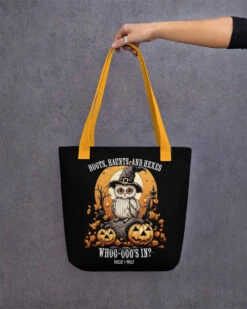Hoots, Haunts, And Hexes Tote Bag -Rogue & Wolf Shop all over print tote yellow 15x15 mockup 651ec340625a0