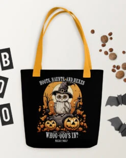 Hoots, Haunts, And Hexes Tote Bag -Rogue & Wolf Shop all over print tote yellow 15x15 mockup 651ec34062633