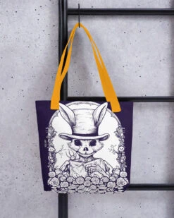 The White Rabbit Tote Bag -Rogue & Wolf Shop all over print tote yellow 15x15 mockup 651ec79e0a1b8