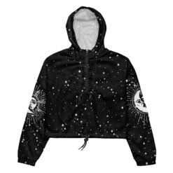 Astral Cropped Windbreaker -Rogue & Wolf Shop all over print womens cropped windbreaker black front 65b7b0e9a769c